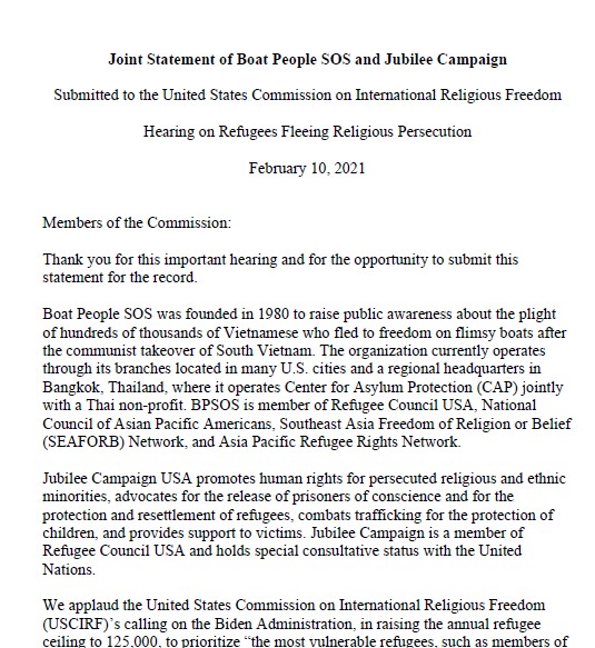 Joint statement for USCIRF hearing